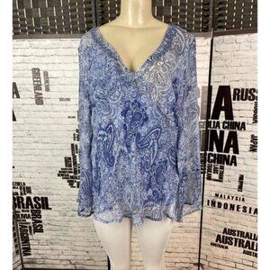 New York City Design L Blue Paisley Silk Beaded V-Neck Long Bell Sleeve Top
